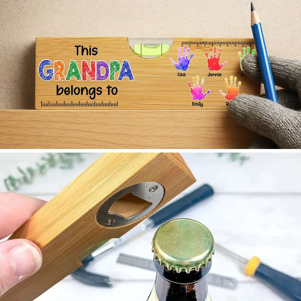 Kid Handprint This Grandpa Daddy Belongs To - Personalized Bottle Opener Wood Level - Image 5