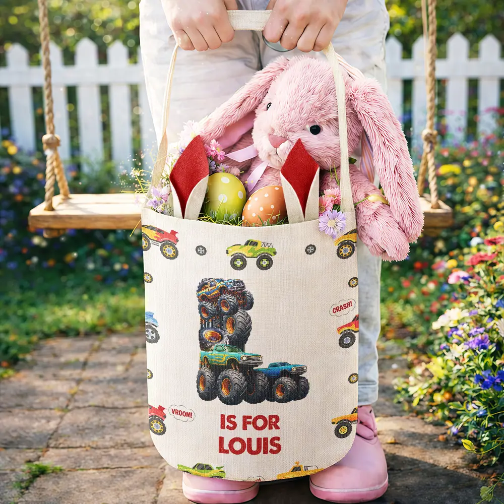 Kid Monster Truck Toy Container Monogram Initial - Personalized Bunny Ears Bucket Bag - Image 4