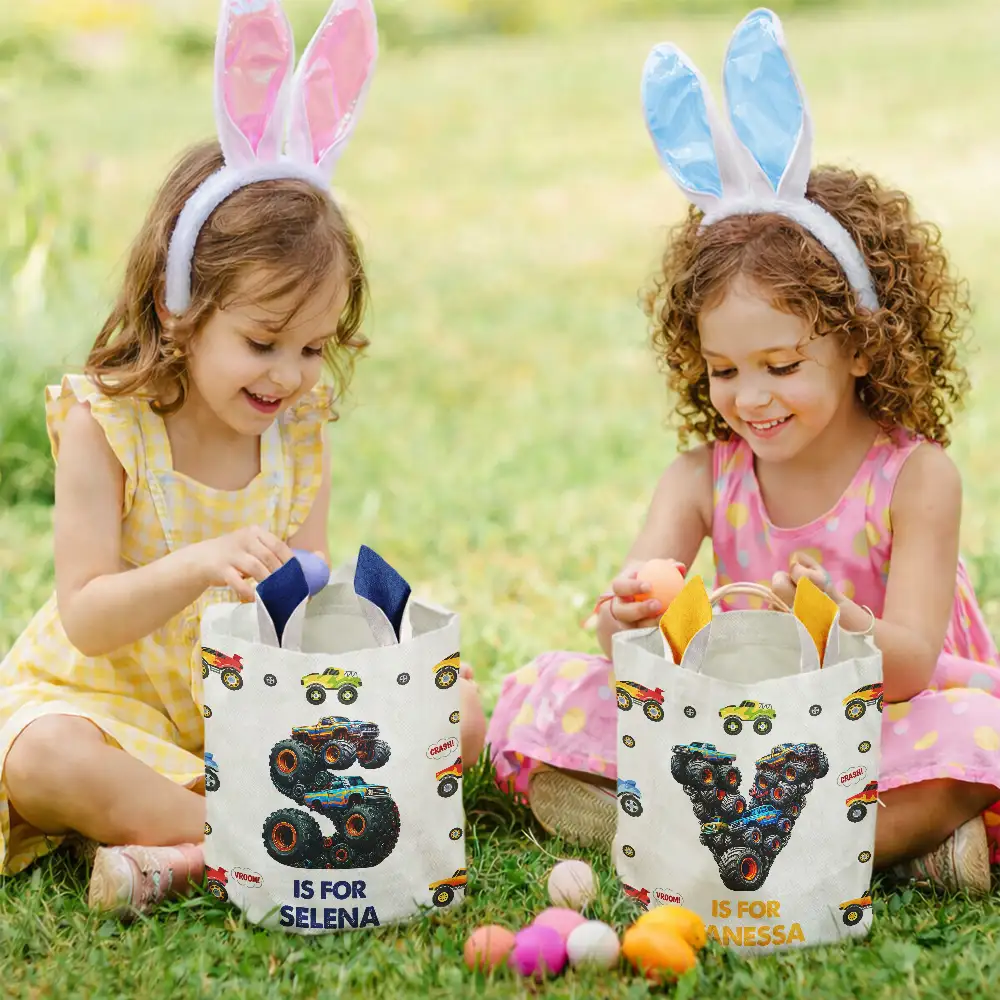 Kid Monster Truck Toy Container Monogram Initial - Personalized Bunny Ears Bucket Bag - Image 6