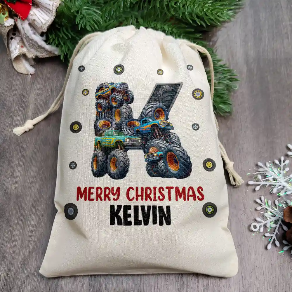 Kid Monster Truck Toy Container Monogram Initial - Personalized Favor Bag - Image 2