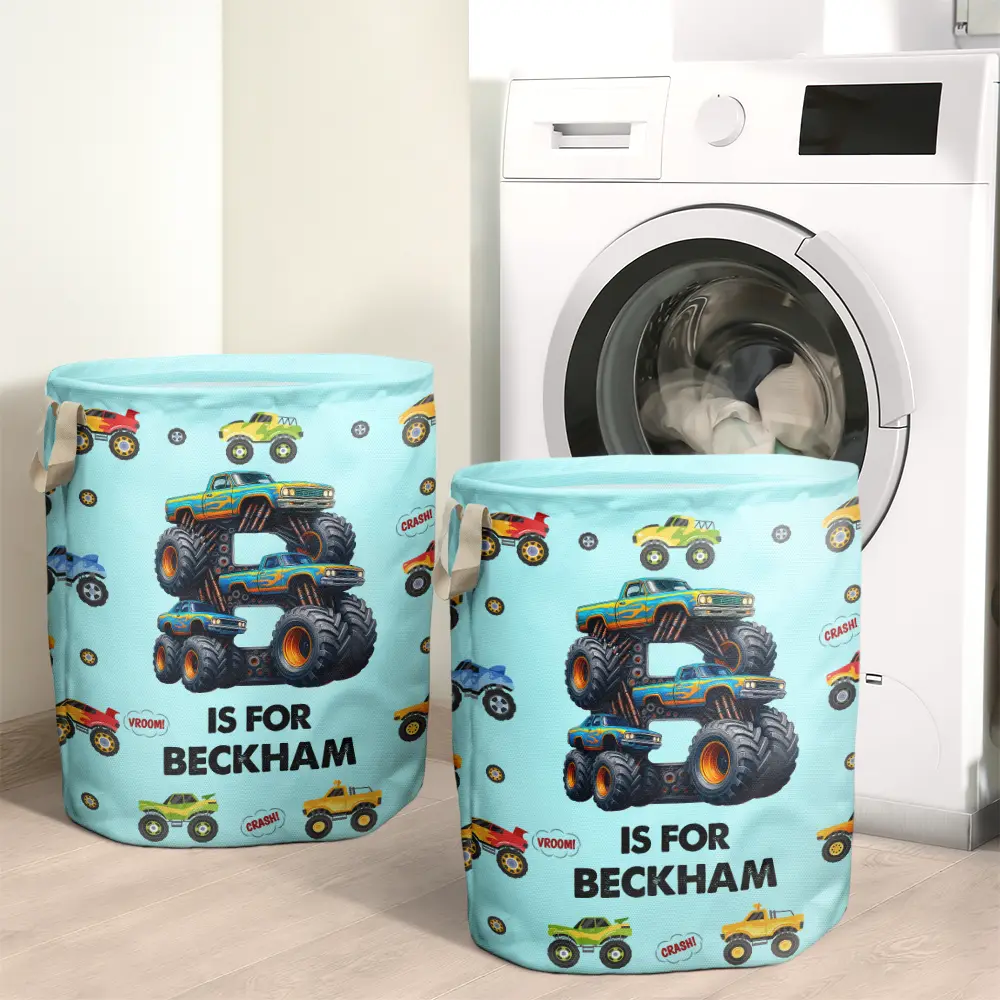 Kid Monster Truck Toy Container Monogram Initial - Personalized Laundry Basket, Storage Basket - Image 2