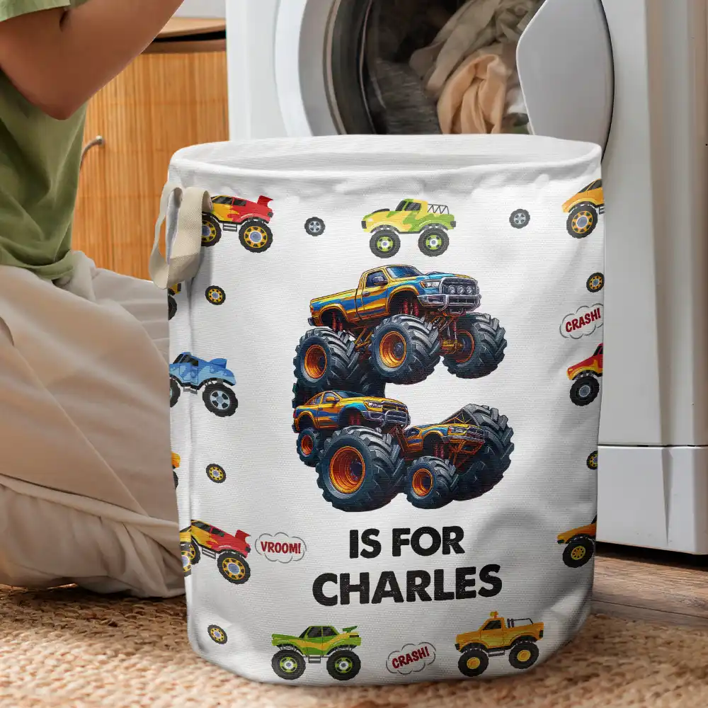 Kid Monster Truck Toy Container Monogram Initial - Personalized Laundry Basket, Storage Basket - Image 3