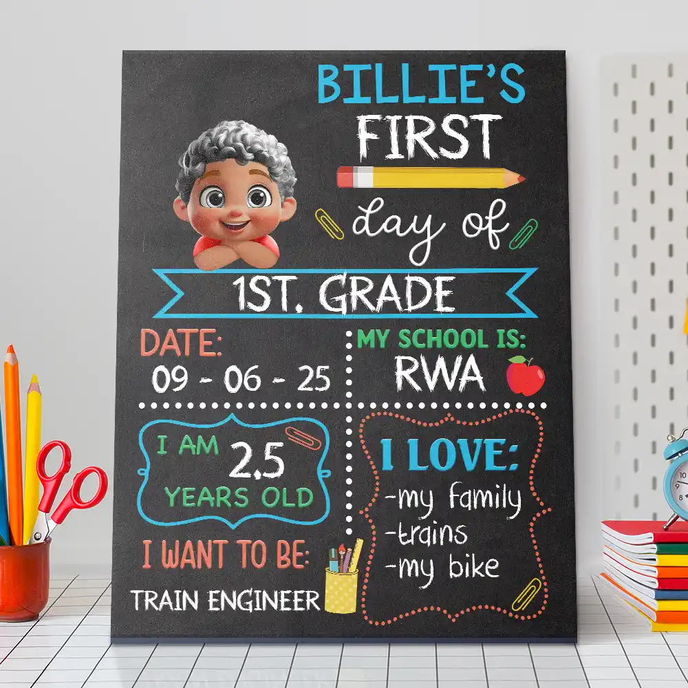 Kid Resting On Arms First Day Of School - Personalized School Sign - Image 3