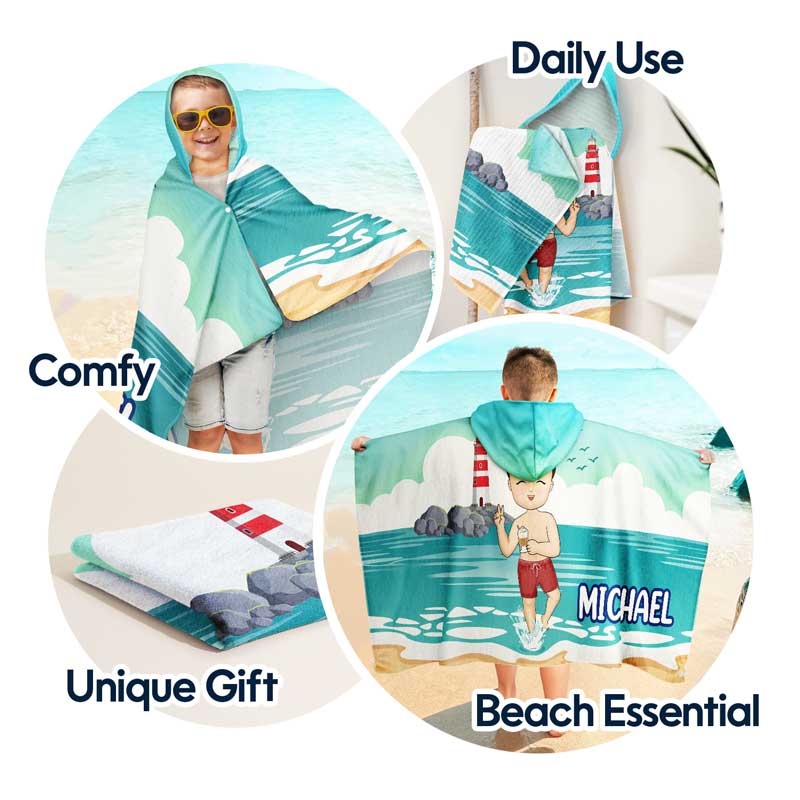 Kids On The Beach Sand Pool - Personalized Hooded Beach Towel - Image 6