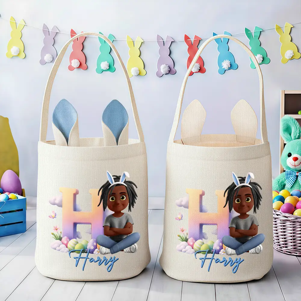 Kids Sitting With Easter Alphabet Letters - Personalized Bunny Ears Bucket Bag - Image 3
