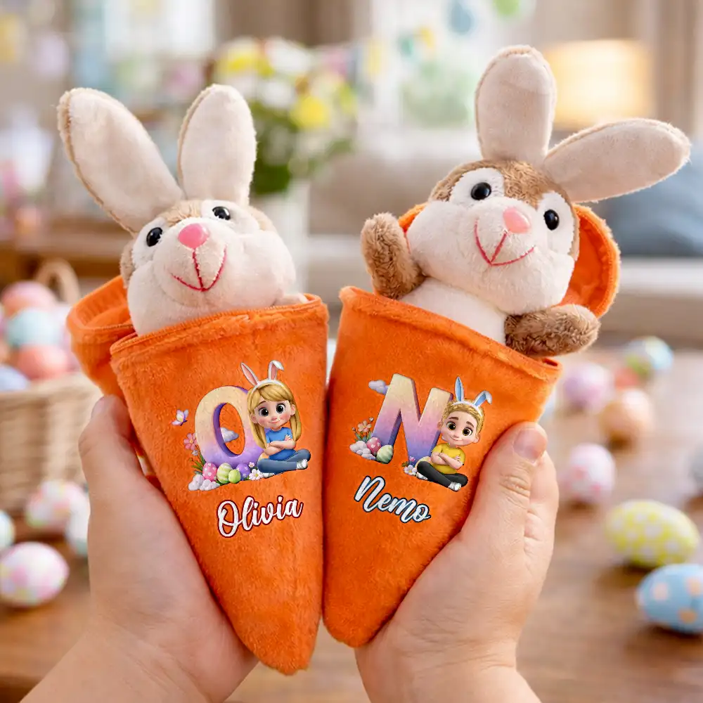 Kids Sitting With Easter Alphabet Letters - Personalized Plush Reversible Carrot Bunny Keychain - Image 3