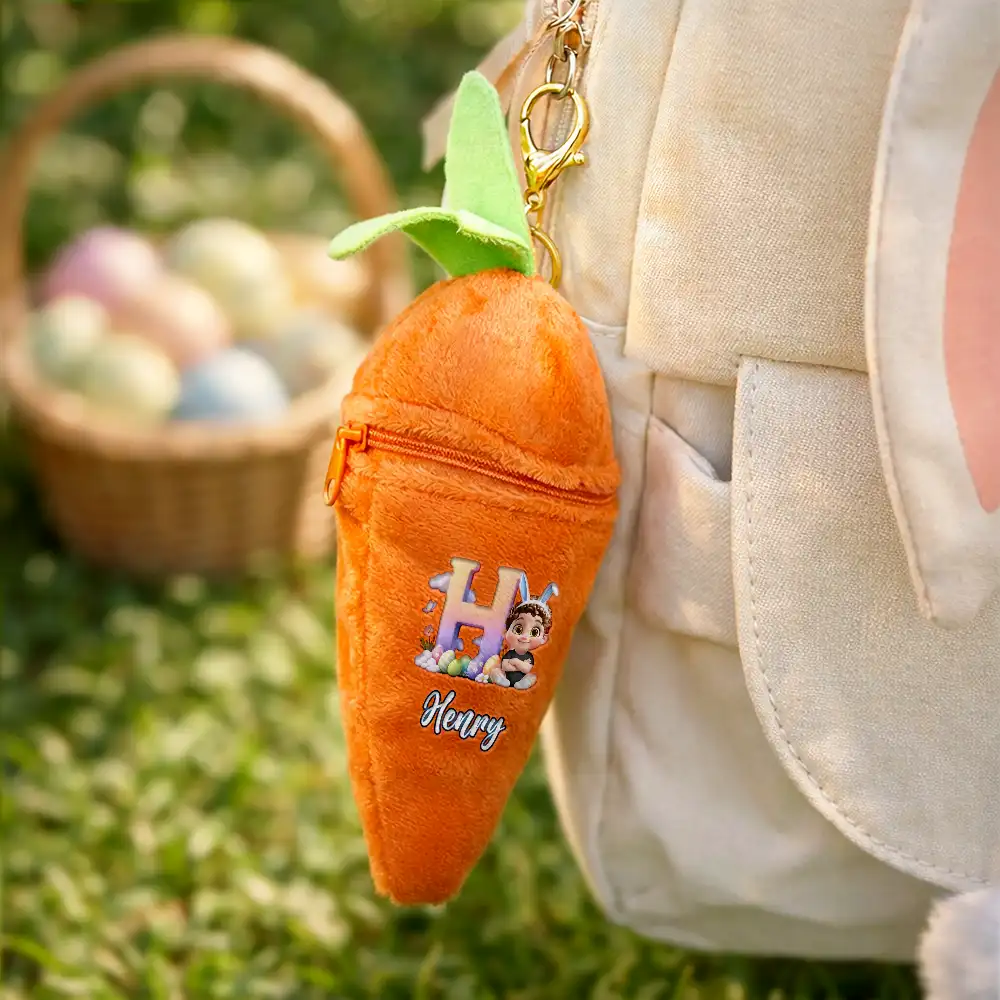 Kids Sitting With Easter Alphabet Letters - Personalized Plush Reversible Carrot Bunny Keychain - Image 6