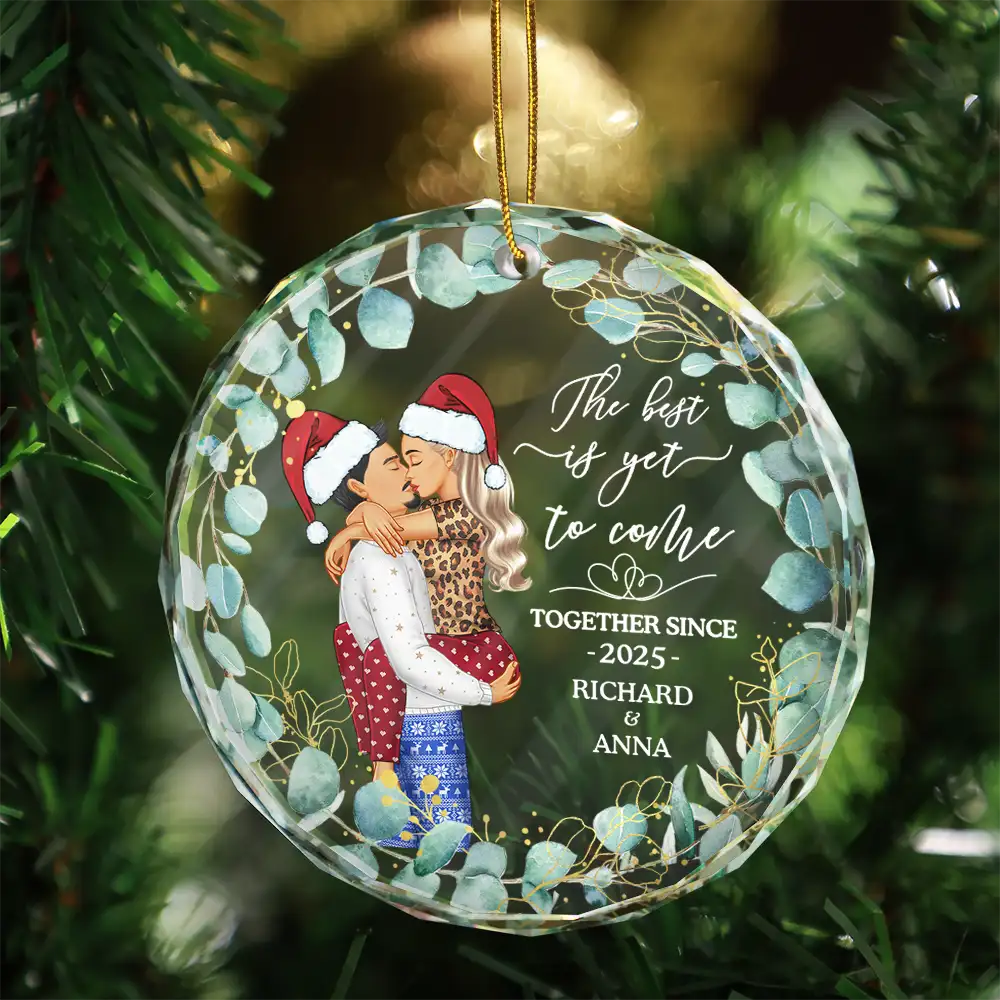 Kissing Couple Newly Engaged The Best Is Yet To Come - Personalized Glass Ornament - Image 3