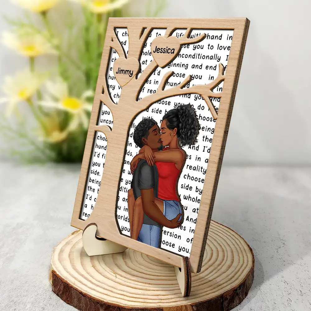 Kissing Couple Tree Of Heart I Choose You - Personalized 2-Layered Wooden Plaque With Stand - Image 2