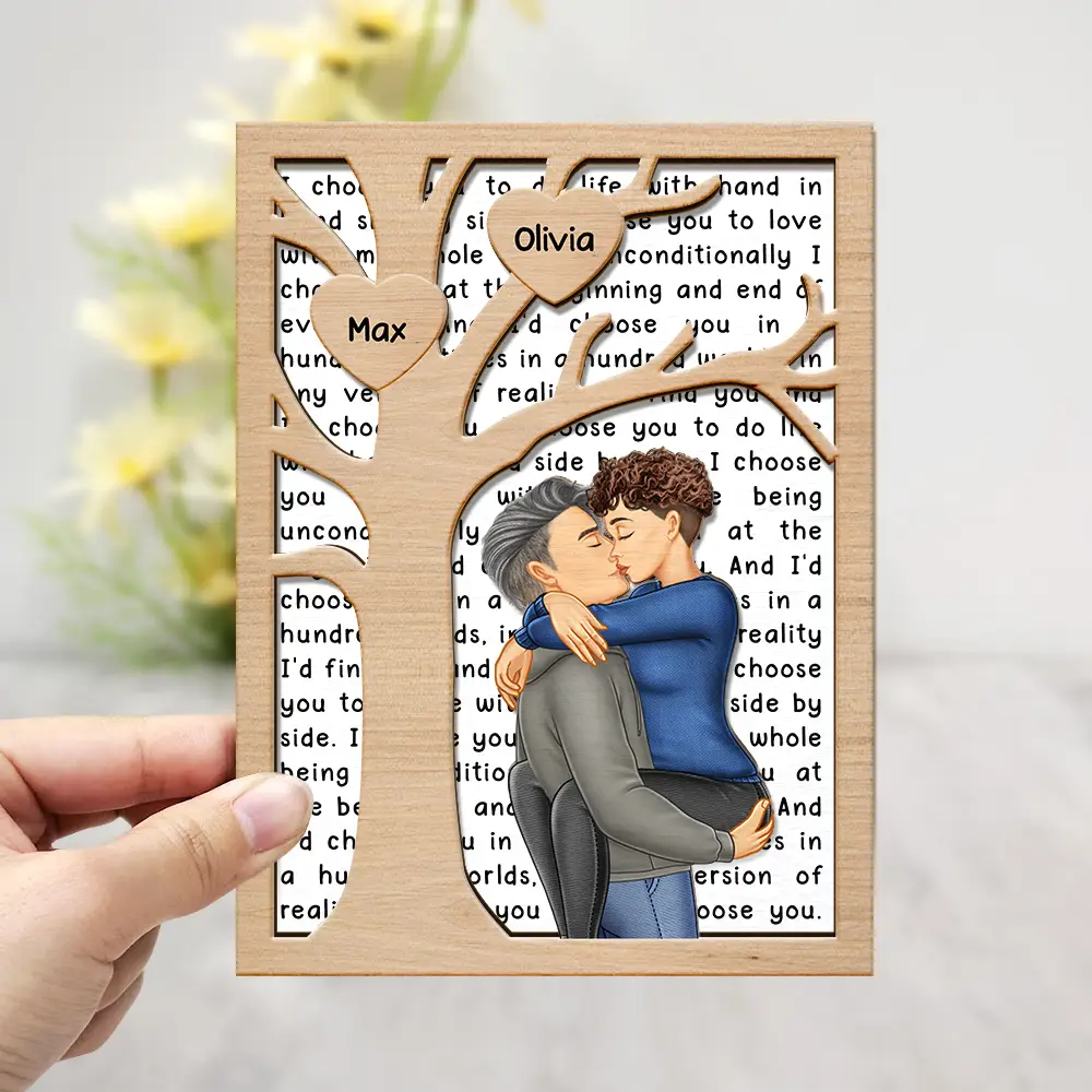 Kissing Couple Tree Of Heart I Choose You - Personalized 2-Layered Wooden Plaque With Stand - Image 3