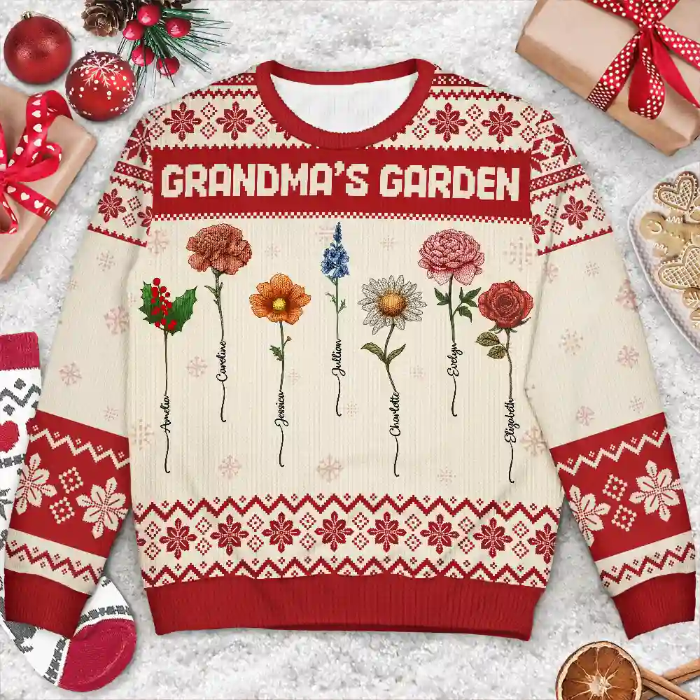 Knitted Effect Birth Flower Grandma's Garden - Personalized Unisex Ugly Sweater - Image 3