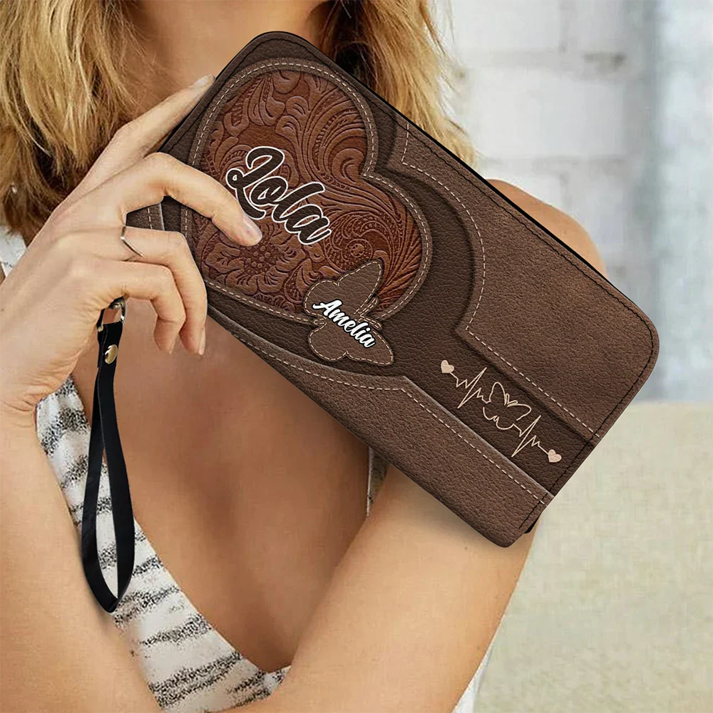 Leather Butterfly Heart - Personalized Leather Long Wallet - Image 3