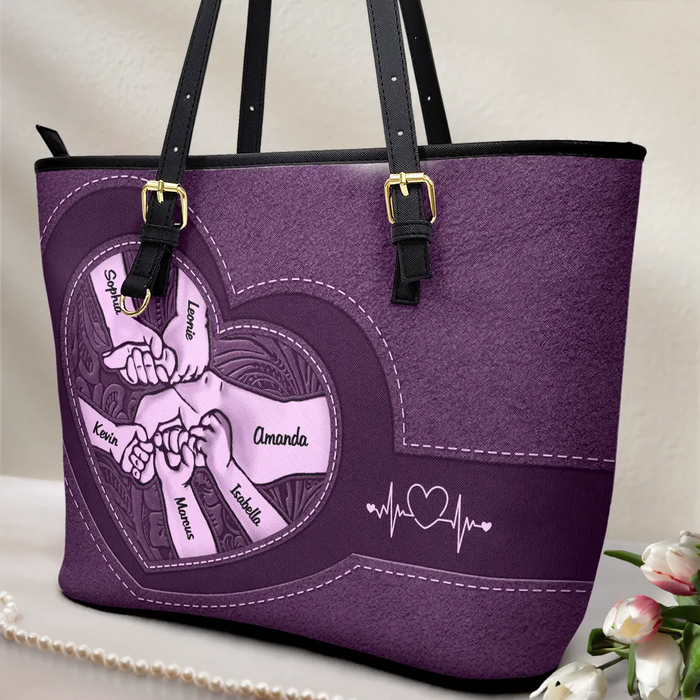 Leather Holding Hands Icon Mom Grandma & Kids - Personalized Leather Tote Bag - Image 2