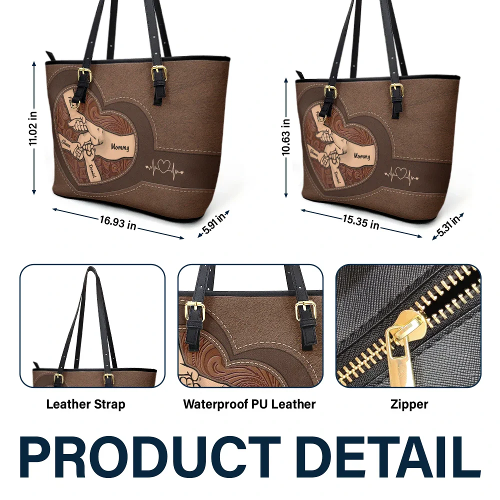 Leather Holding Hands Icon Mom Grandma & Kids - Personalized Leather Tote Bag - Image 6