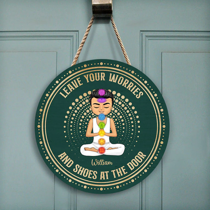 Leave Your Worries & Shoes - Gift For Yoga Lovers - Personalized Custom Wood Circle Sign - Image 2