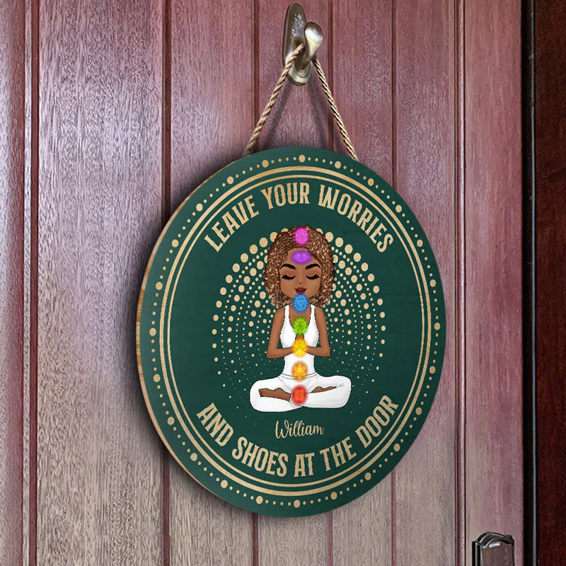 Leave Your Worries & Shoes - Gift For Yoga Lovers - Personalized Custom Wood Circle Sign - Image 3