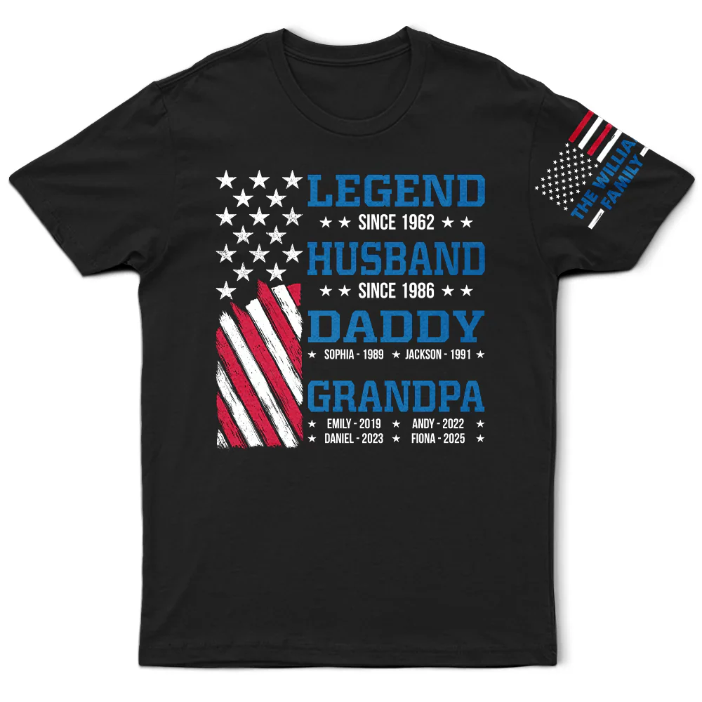 Legend Husband Dad Papa Stars And Stripes Flag Kid Name - Personalized T Shirt - Image 2