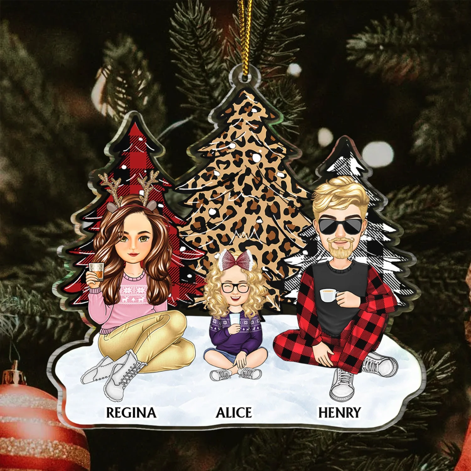 Leopard Checkered Pattern Christmas Tree Family - Xmas Gift For Parent, Grandparent, Sibling - Personalized Cutout Acrylic Ornament - Image 3