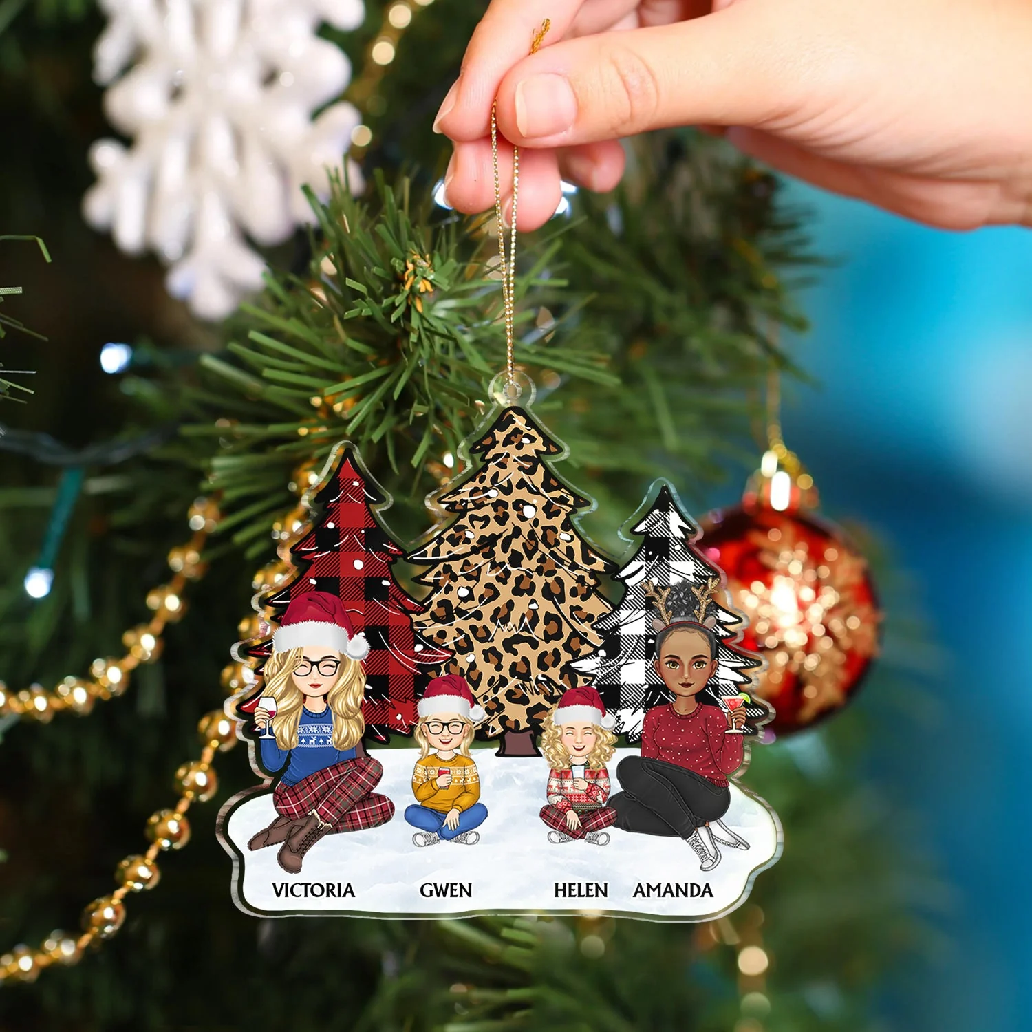 Leopard Checkered Pattern Christmas Tree Family - Xmas Gift For Parent, Grandparent, Sibling - Personalized Cutout Acrylic Ornament - Image 4
