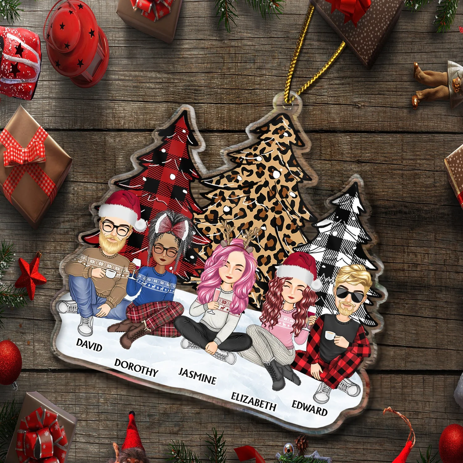 Leopard Checkered Pattern Christmas Tree Family - Xmas Gift For Parent, Grandparent, Sibling - Personalized Cutout Acrylic Ornament - Image 6