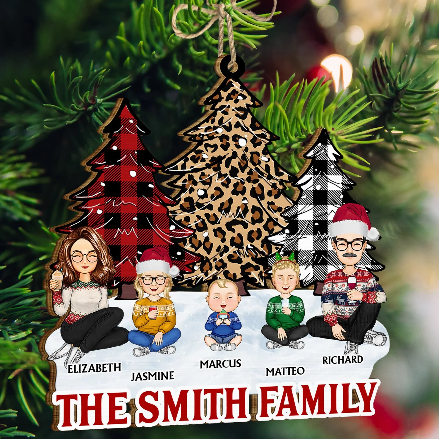 Leopard Checkered Pattern Christmas Tree Family - Xmas Gift For Parent, Grandparent, Sibling - Personalized Wooden Cutout Ornament - Image 3