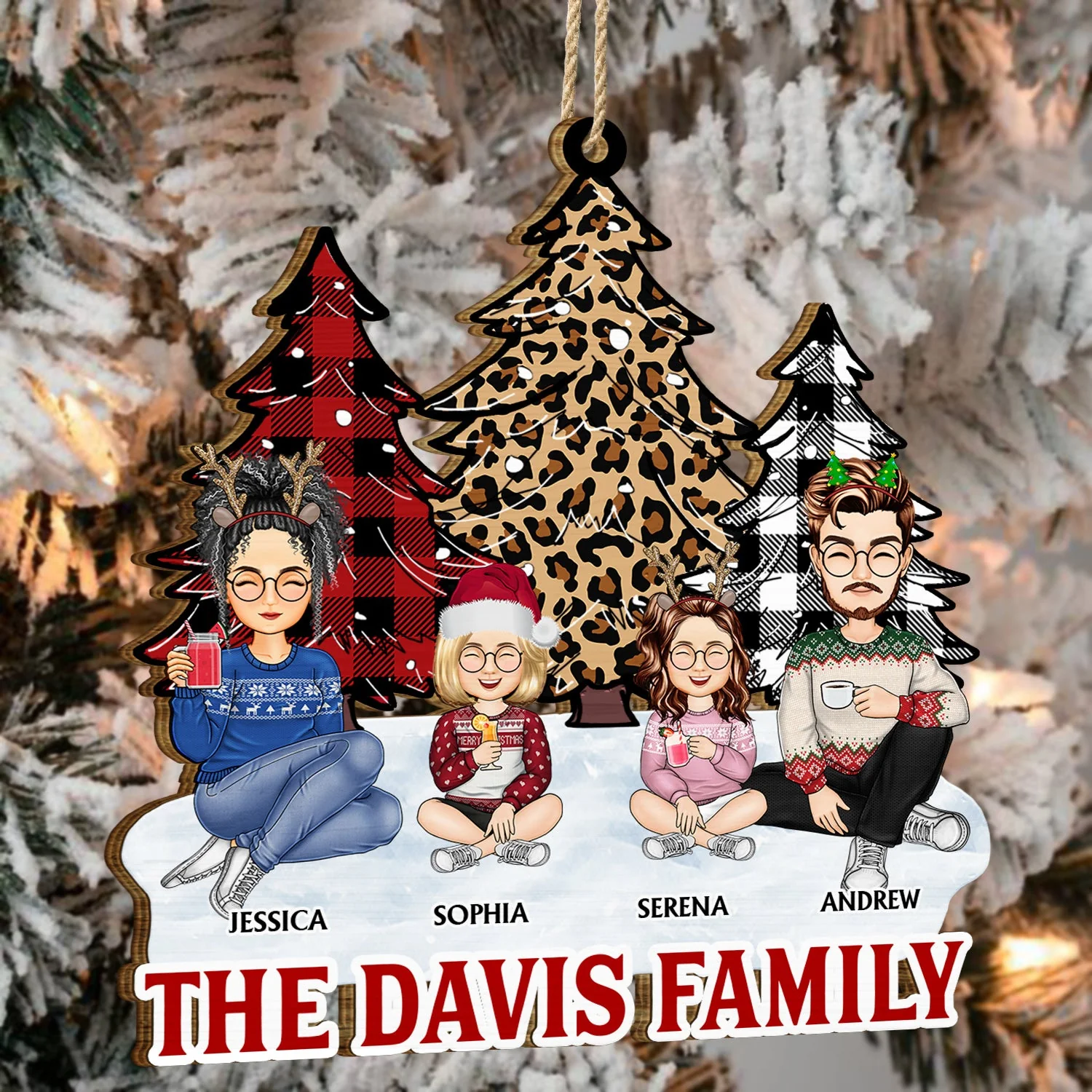 Leopard Checkered Pattern Christmas Tree Family - Xmas Gift For Parent, Grandparent, Sibling - Personalized Wooden Cutout Ornament - Image 4