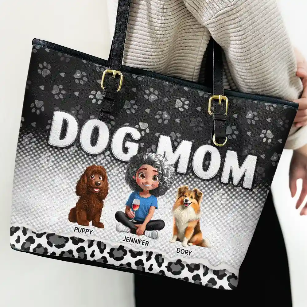 Leopard Dog Mom - Personalized Leather Tote Bag - Image 3