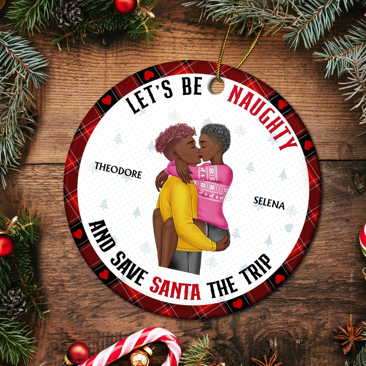Let's Be Naughty - Anniversary, Christmas Gift For Couples, Family - Personalized Circle Ceramic Ornament - Image 5