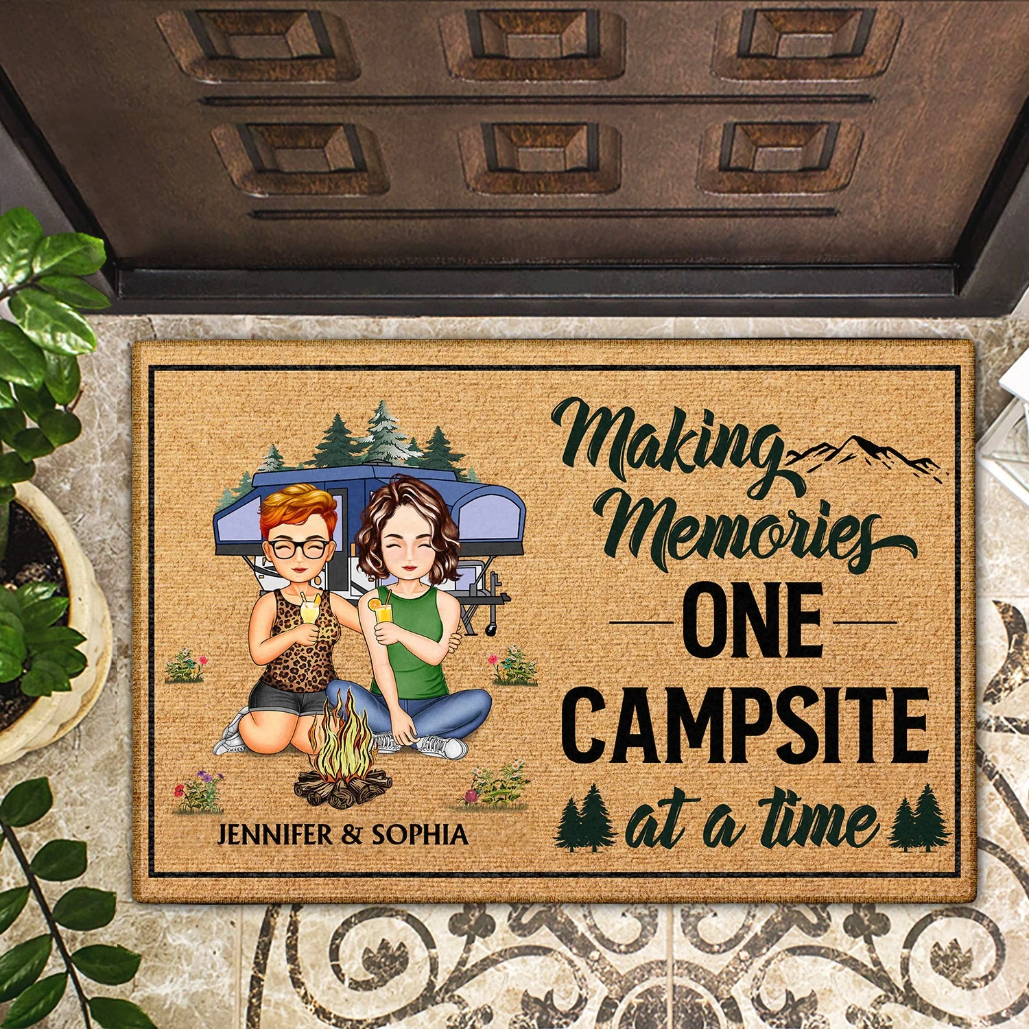 Let's Sit By The Campfire And Watch People Park - Gift For Camping Lovers, Campsite, Camping Decor, Couple, Family - Personalized Custom Doormat - Image 2