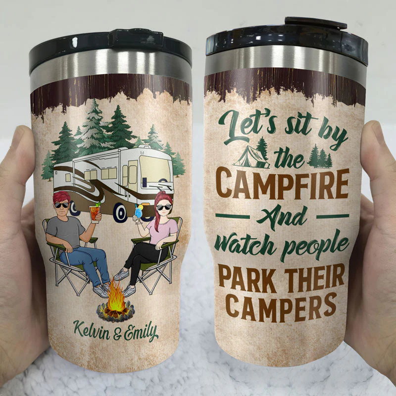Let's Sit By The Campfire And Watch People Park Their Campers Husband Wife Family - Couple Gift - Personalized Custom Triple 3 In 1 Can Cooler - Image 3