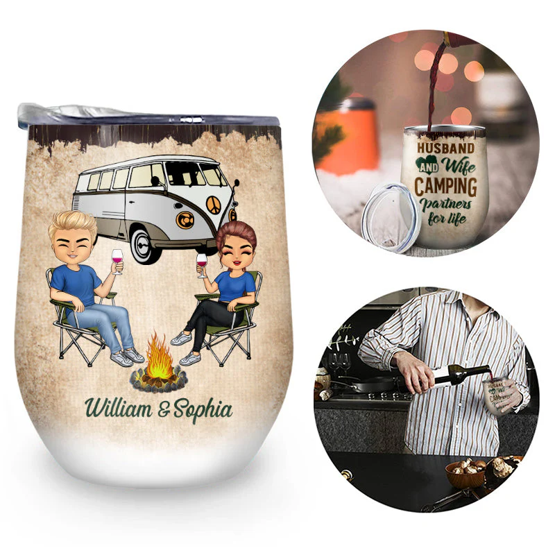Let's Sit By The Campfire Husband Wife Camping - Couple Gift - Personalized Custom Wine Tumbler - Image 2