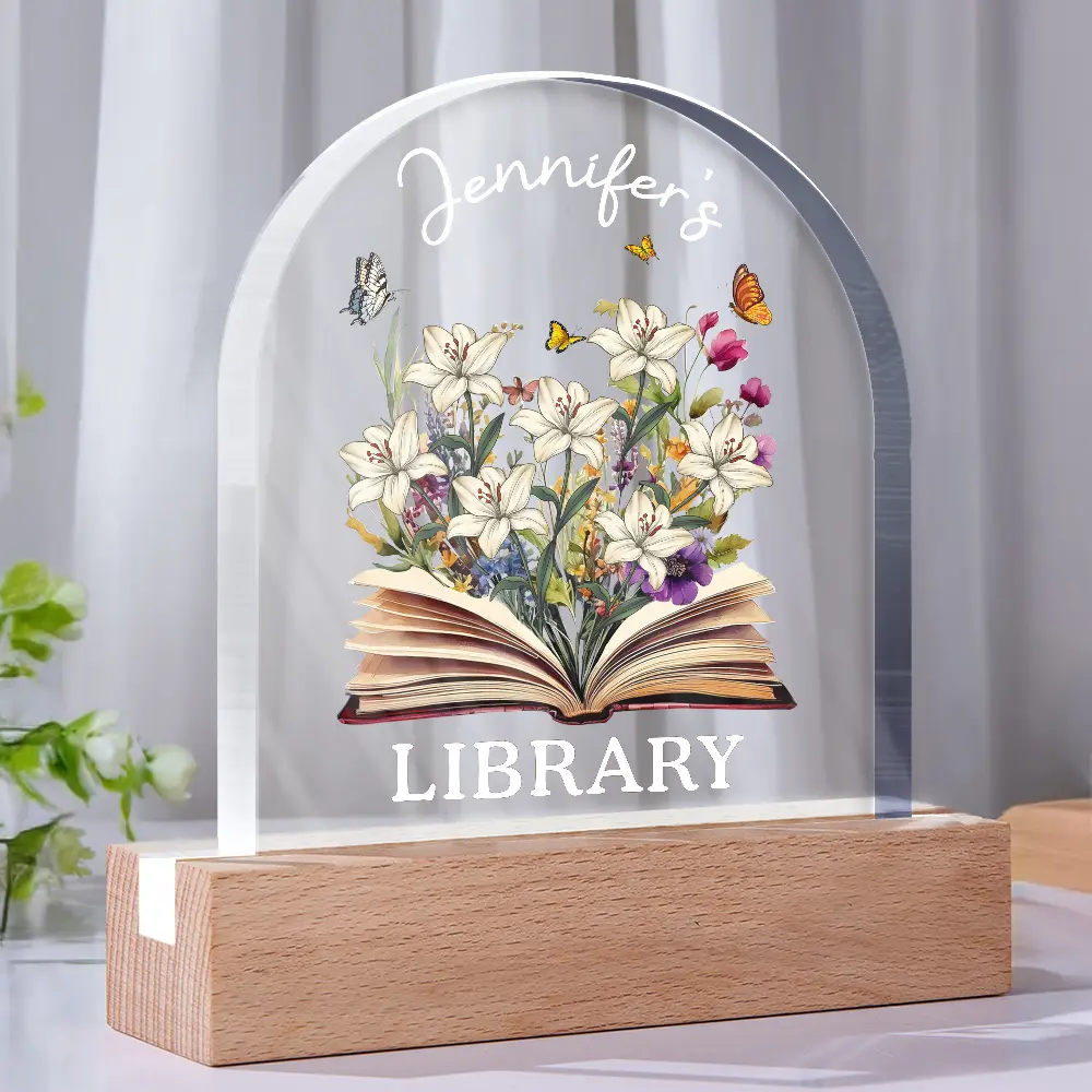 Library With Birth Month Flower And Book - Personalized Custom Shaped LED Light - Image 2