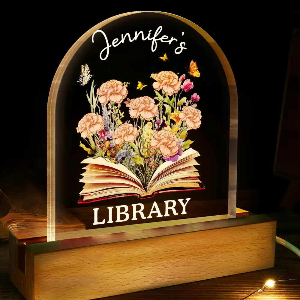 Library With Birth Month Flower And Book - Personalized Custom Shaped LED Light - Image 3