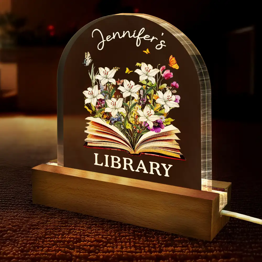 Library With Birth Month Flower And Book - Personalized Custom Shaped LED Light - Image 4