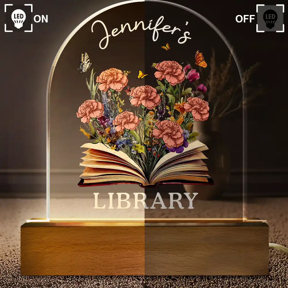 Library With Birth Month Flower And Book - Personalized Custom Shaped LED Light - Image 5