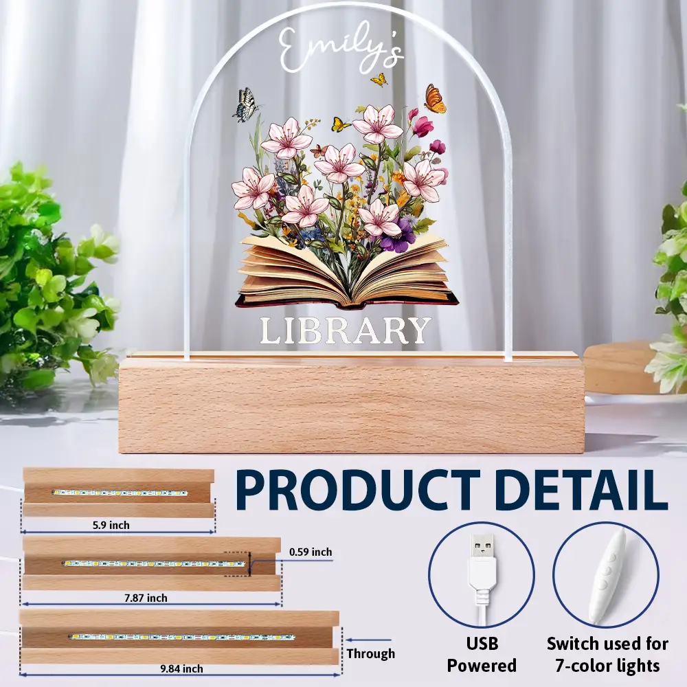 Library With Birth Month Flower And Book - Personalized Custom Shaped LED Light - Image 6