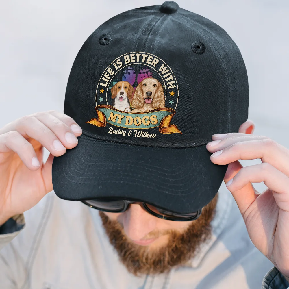 Life Is Better With Cat Dog Storybook Vintage Style - Personalized Vintage Washed Denim Cap - Image 2