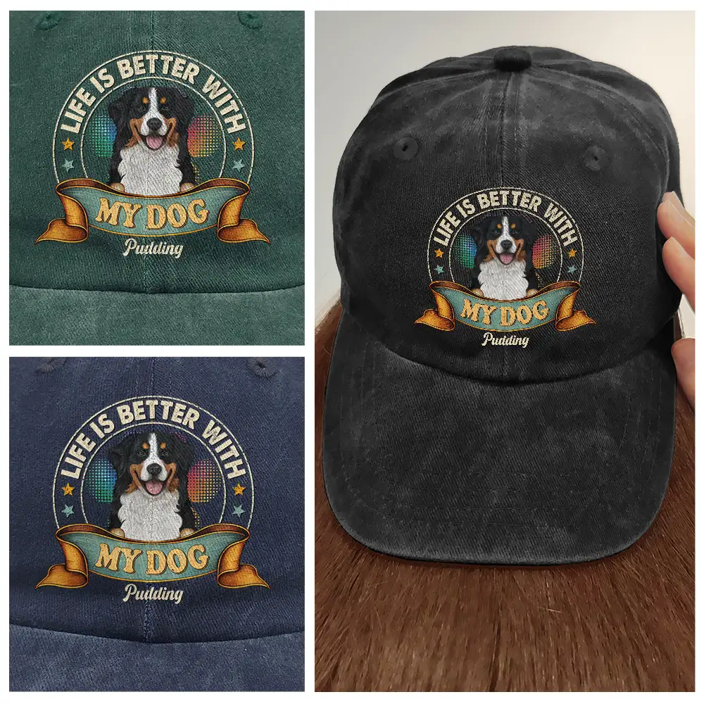 Life Is Better With Cat Dog Storybook Vintage Style - Personalized Vintage Washed Denim Cap - Image 4