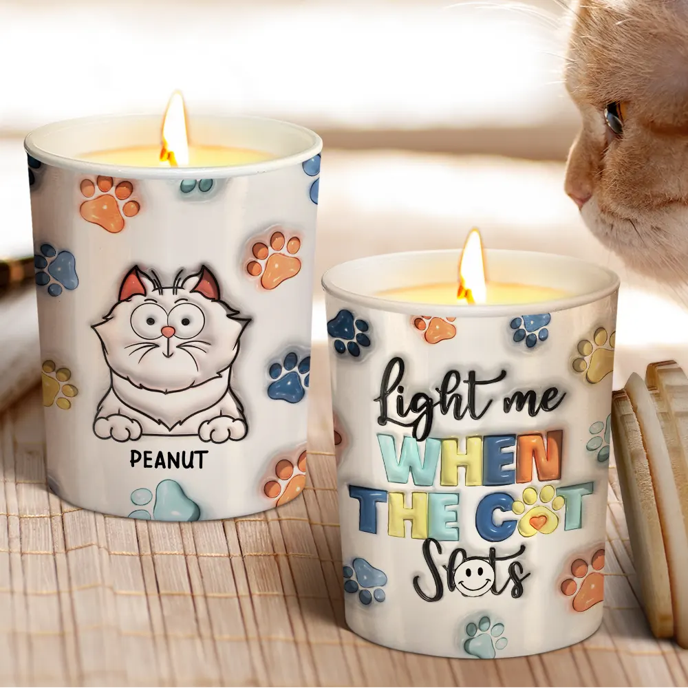 Light Me When The Cat Poop - 3D Inflated Effect Printed Candle, Personalized Scented Candle With Wooden Lid - Image 5