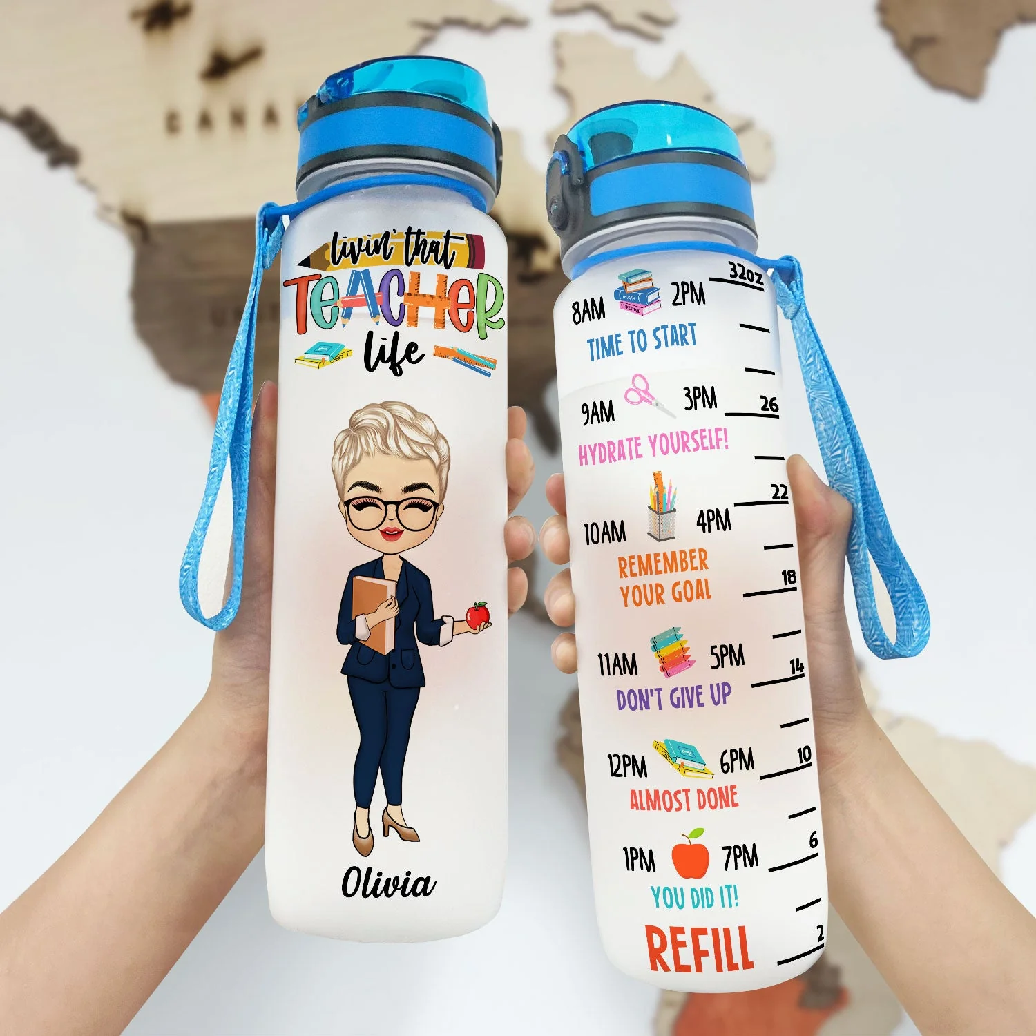 Living That Teacher Life - Gift For Teacher - Personalized Water Tracker Bottle - Image 3
