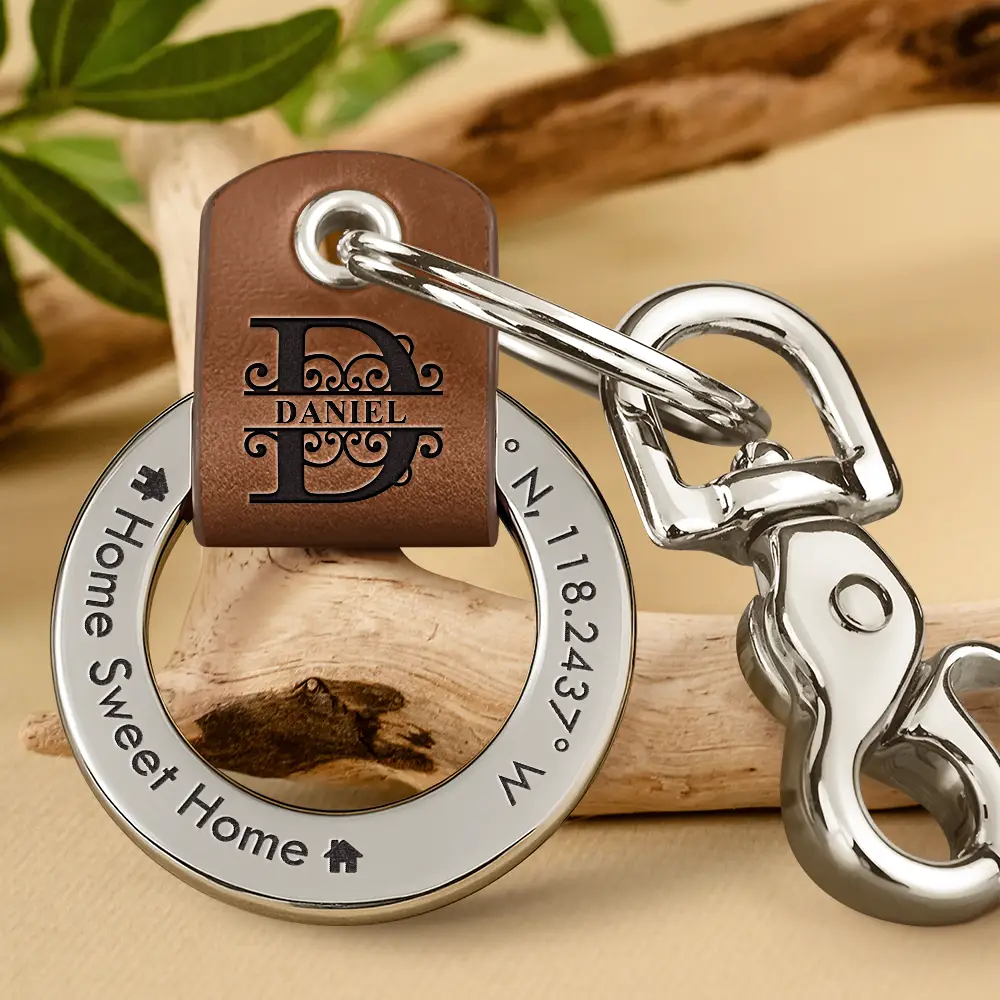 Location Coordinates Always Come Home - Personalized Leather Coordinates Keychain - Image 2