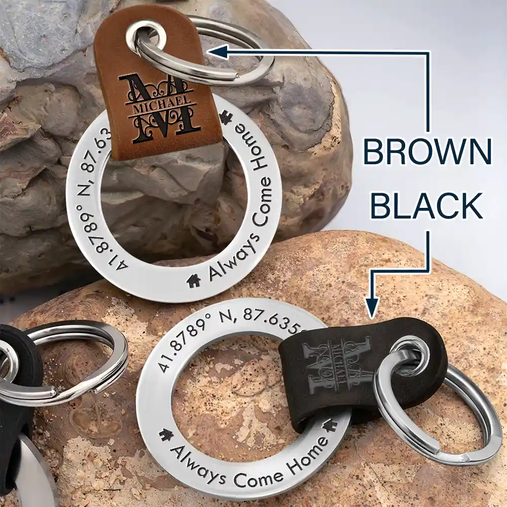 Location Coordinates Always Come Home - Personalized Leather Coordinates Keychain - Image 4