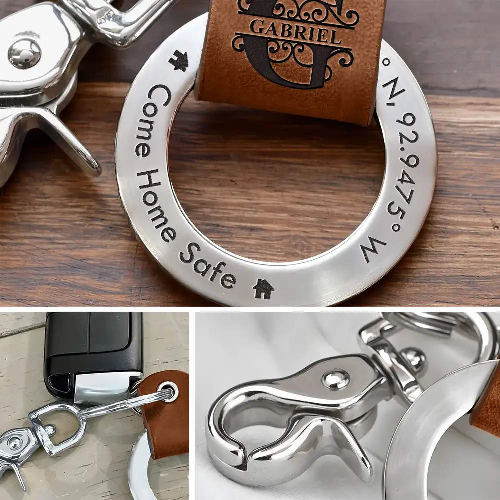 Location Coordinates Always Come Home - Personalized Leather Coordinates Keychain - Image 5