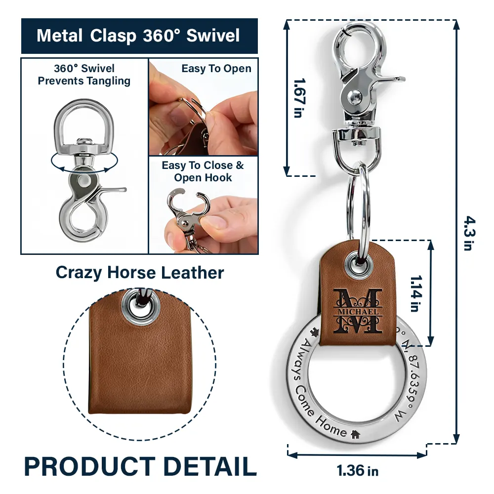 Location Coordinates Always Come Home - Personalized Leather Coordinates Keychain - Image 6