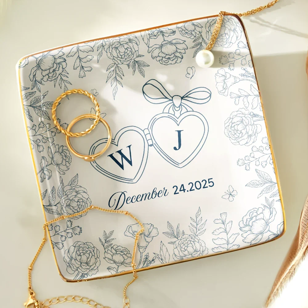 Locked Ring Dish Toile Pattern Couple - Personalized Ring Dish - Image 4