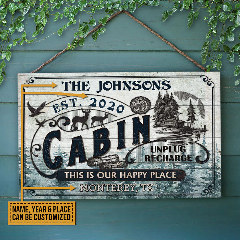 Log Cabin This Is Our Happy Place Custom Wood Rectangle Sign - Image 4