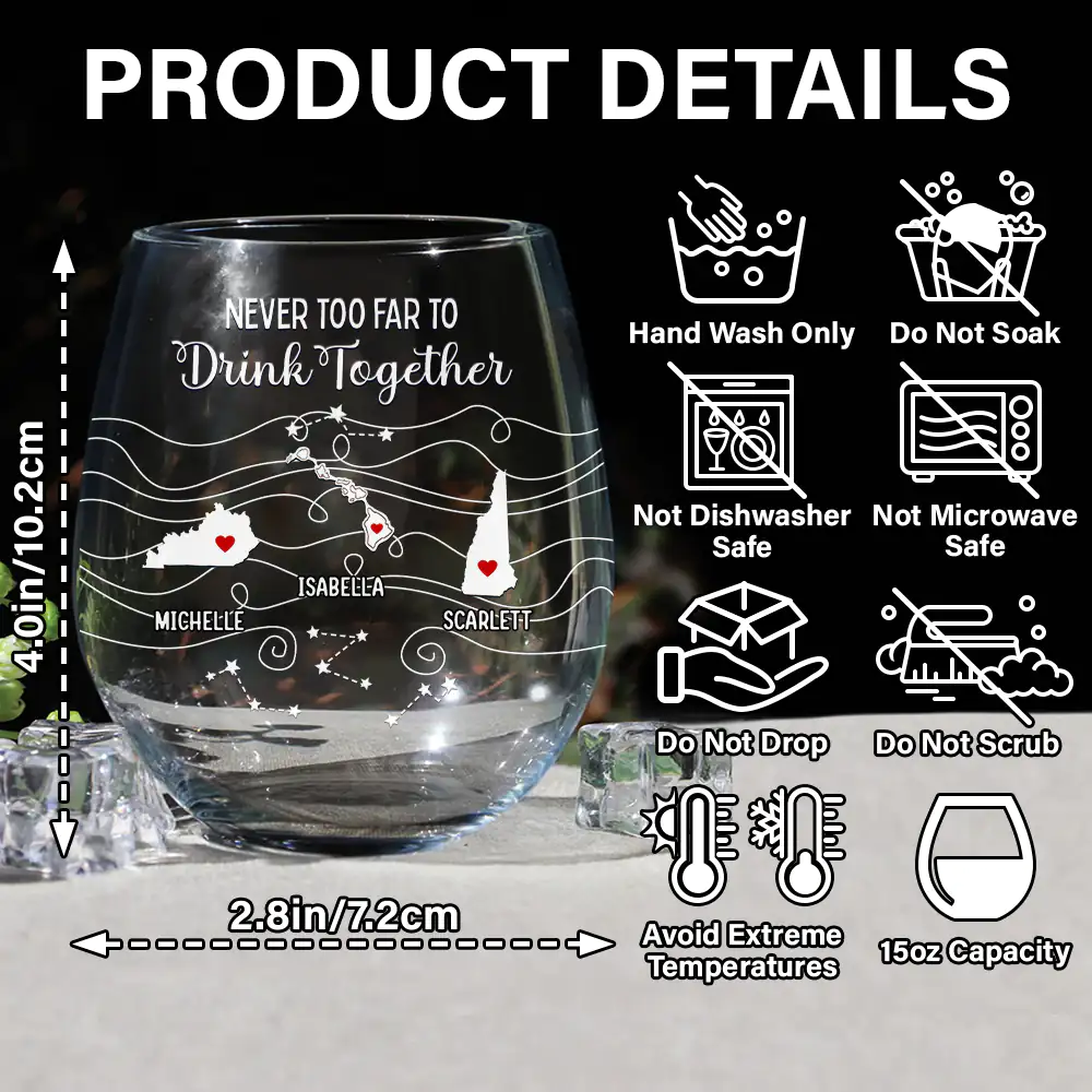 Long Distance Family Bestie Never Too Far To Drink - Personalized Stemless Wine Glass - Image 5