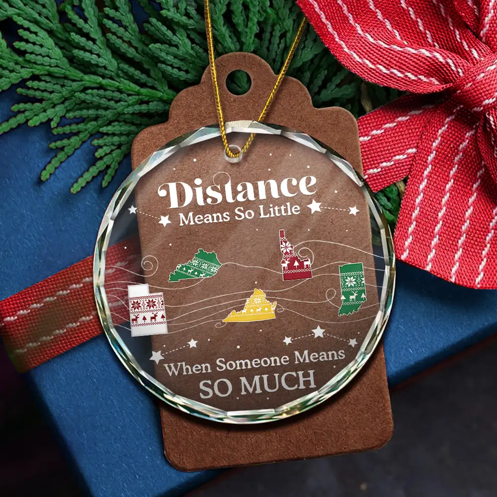 Long Distance The Miles Don't Matter Christmas Pattern - Personalized Circle Glass Ornament - Image 5
