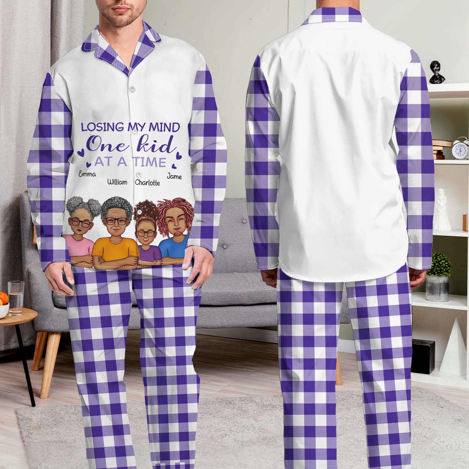 Losing My Mind One Kid At A Time - Anniversary, Birthday Gift For Spouse, Husband, Wife, Mom, Dad - Personalized Custom Long Pajamas Set - Image 5