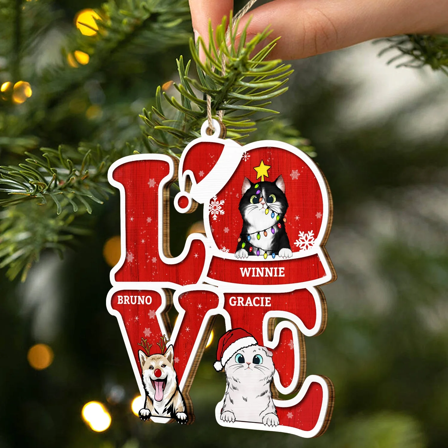 Love Dogs Cats - Christmas Gift For Pet Lovers - Personalized Wooden Cutout Ornament - Image 2